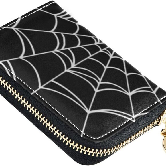 Spider Web RFID Credit Card Holder Wallets Accordion for Women Leather Zipper Ca - Picture 1 of 7